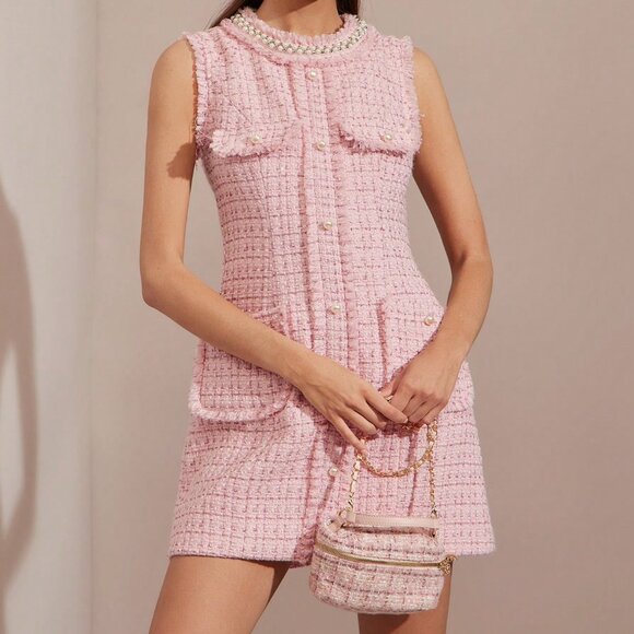 Pink Romantic Women's Sleeveless Plaid Dress with Faux Pearl Rhinestones - Picture 4 of 7